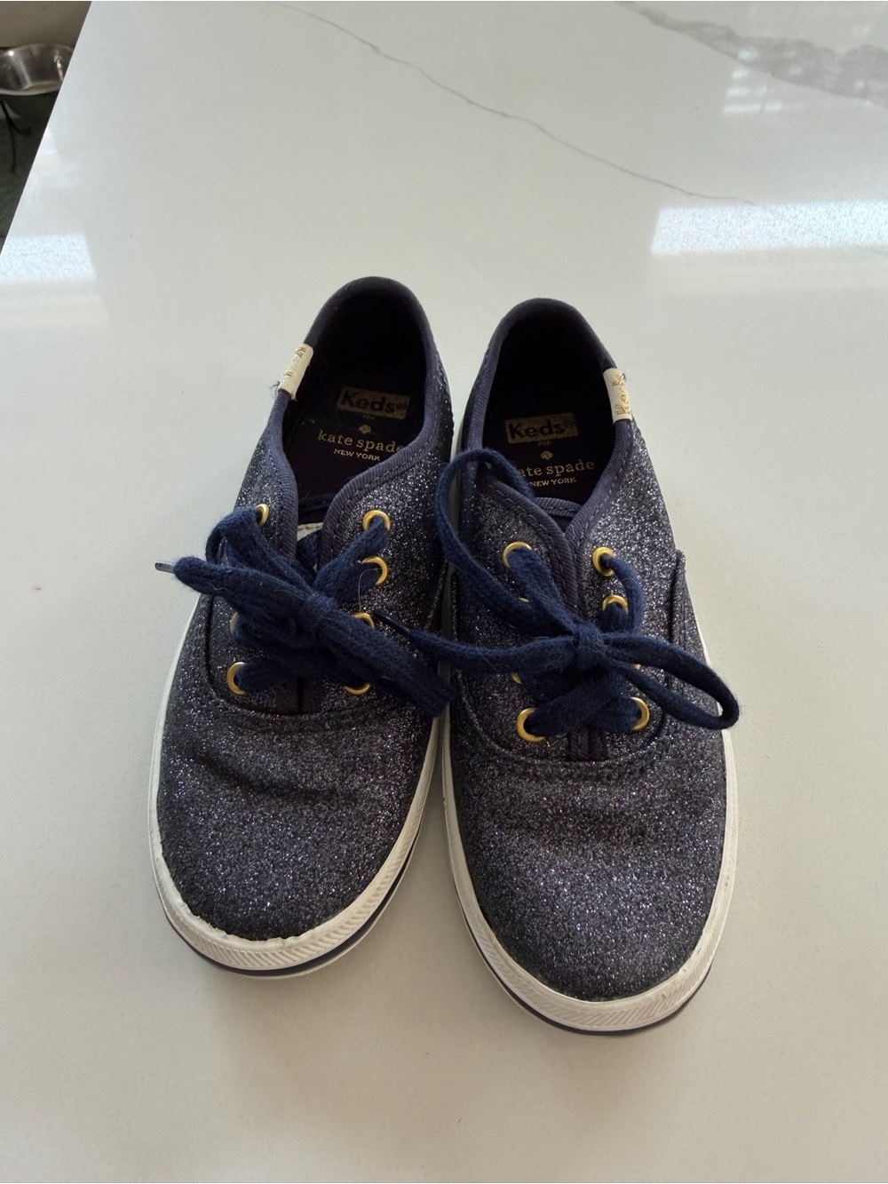 kate spade Kids Navy Glitter Lace-Up Sneakers with Gold Accents 11.5